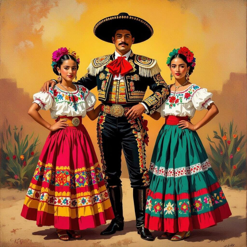 Bullfighter with Mexican Girls in Rivera Style