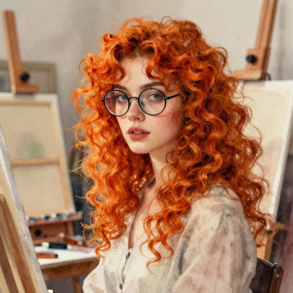 Woman with Fiery Hair in Art Studio Watercolor