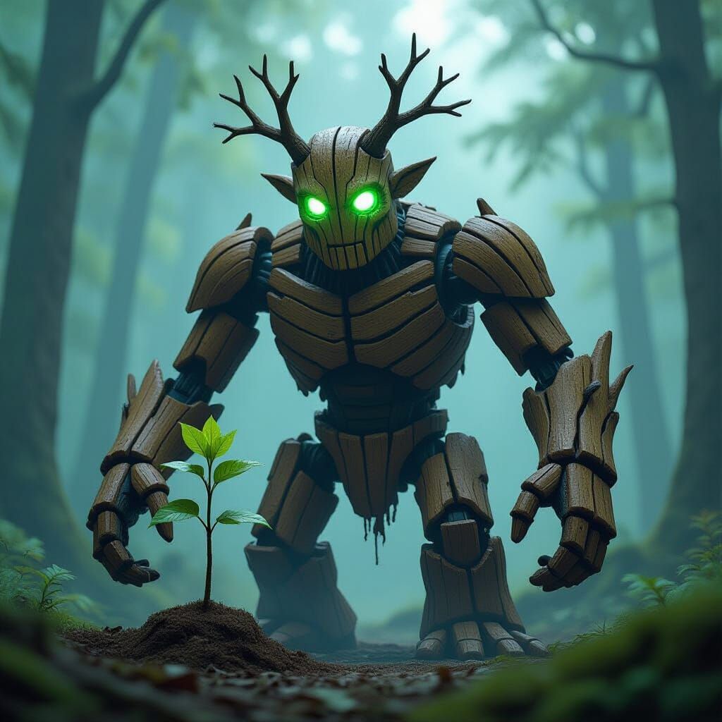 Mystical Wooden Golem Protecting Sapling in Misty Woodland