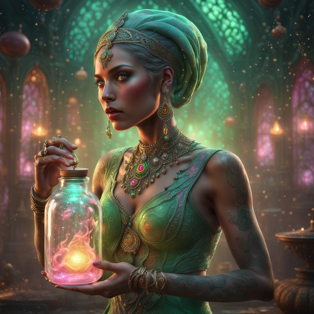 Surreal Genie Emerges from a Fantastical Bottle in Elegant,...