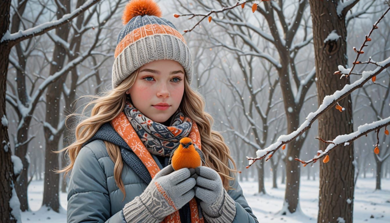 Girl Cradling Bird in Snowy Landscape, Impressionistic Oil P...