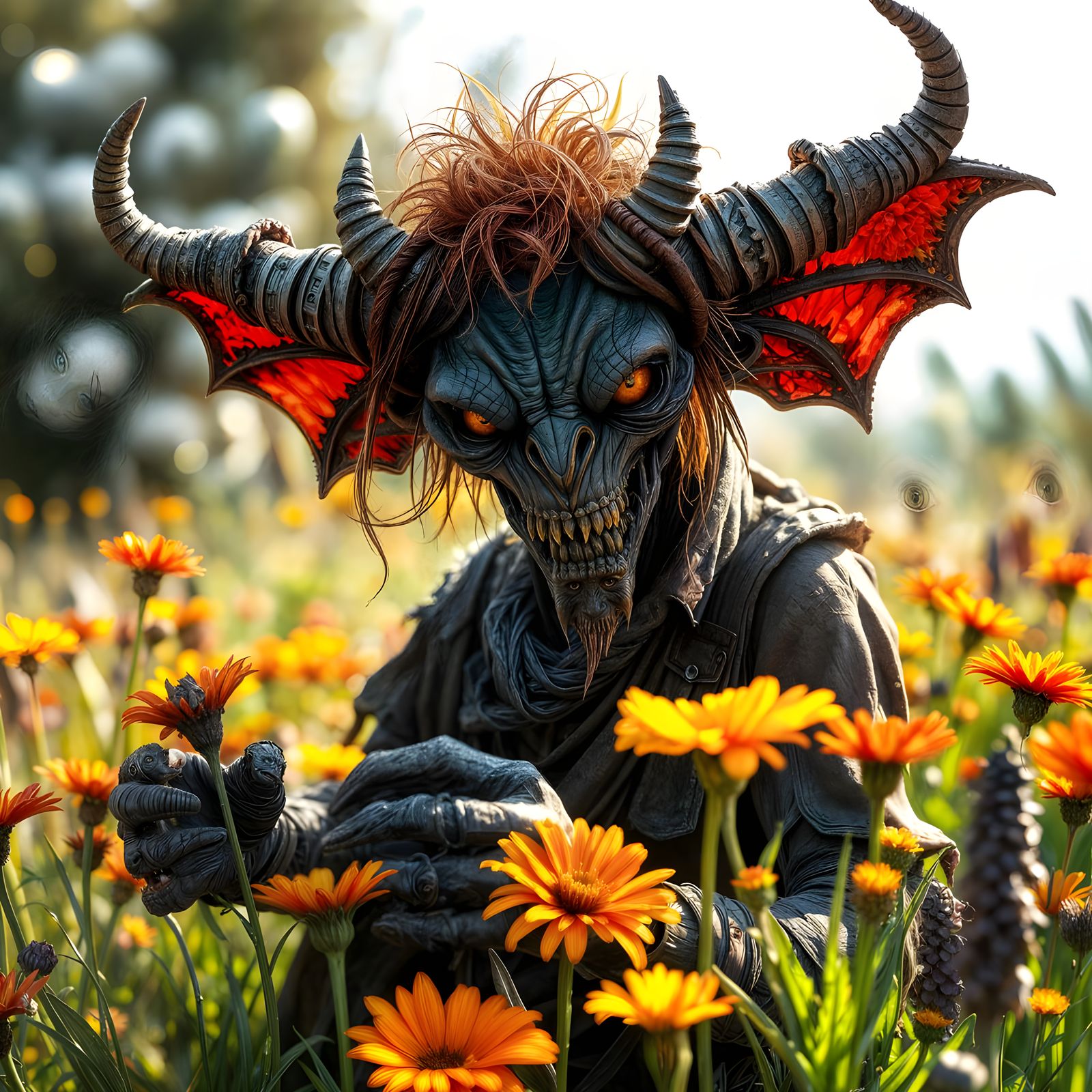 Unearthly Demon Picking Flowers in Sunny Meadow