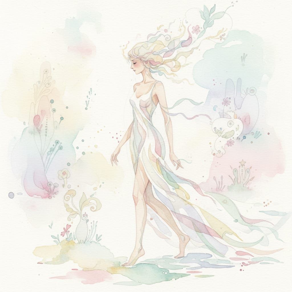 Elegant Woman in White Gown: Watercolor Style