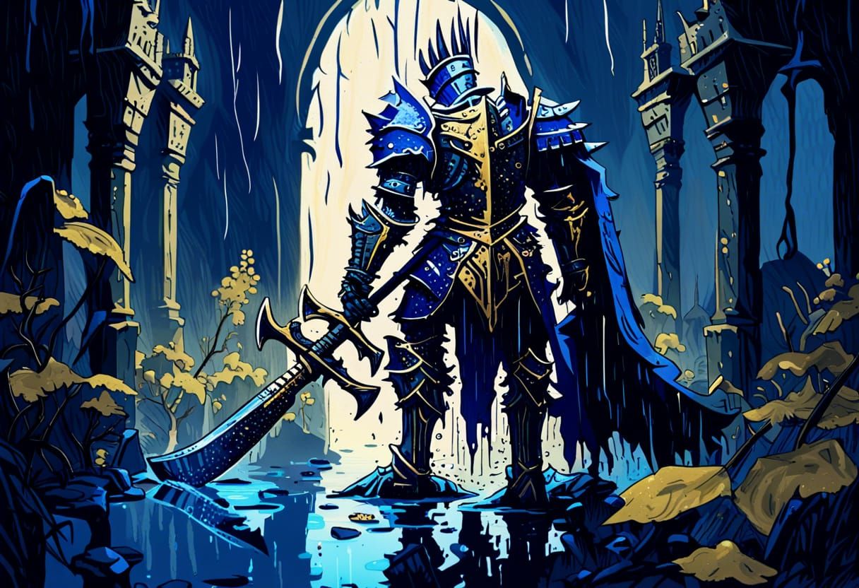 Gothic Dark Fantasy Warrior in Abandoned Castle Ruins