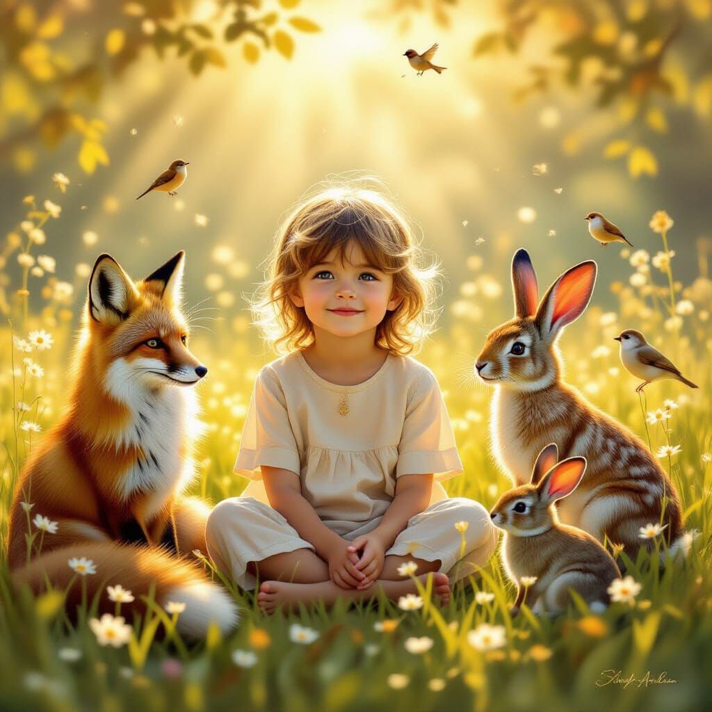 Child and Rescued Animals in Golden Sunlit Meadow