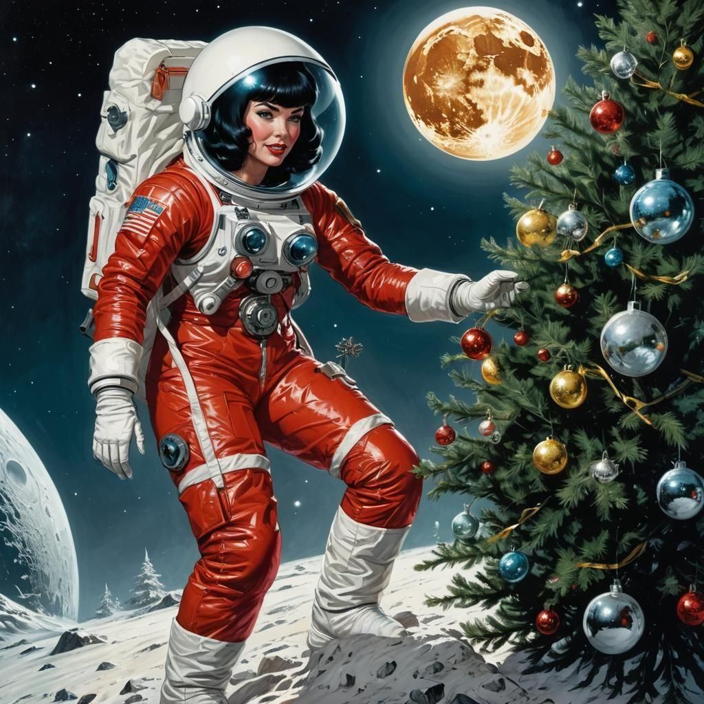 Bettie Page Trims Christmas Tree on the Moon in Comic Book S...