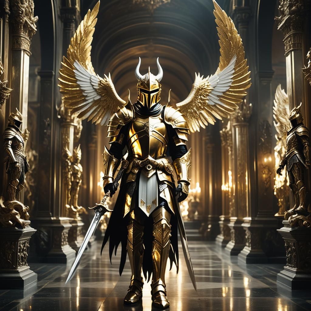 Epic Golden Knight Stands Tall in Luxurious Grand Hall