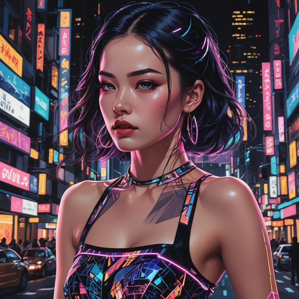 Stunning City Girl in Designer Crop Top, Radiant with Neon L...