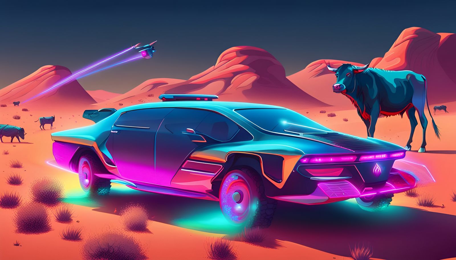 Neon Cell-Shaded Futuristic Car in Desert