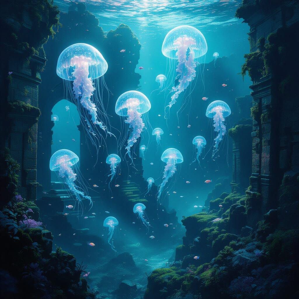 Bioluminescent Jellyfish Amongst Ancient Ruins Underwater
