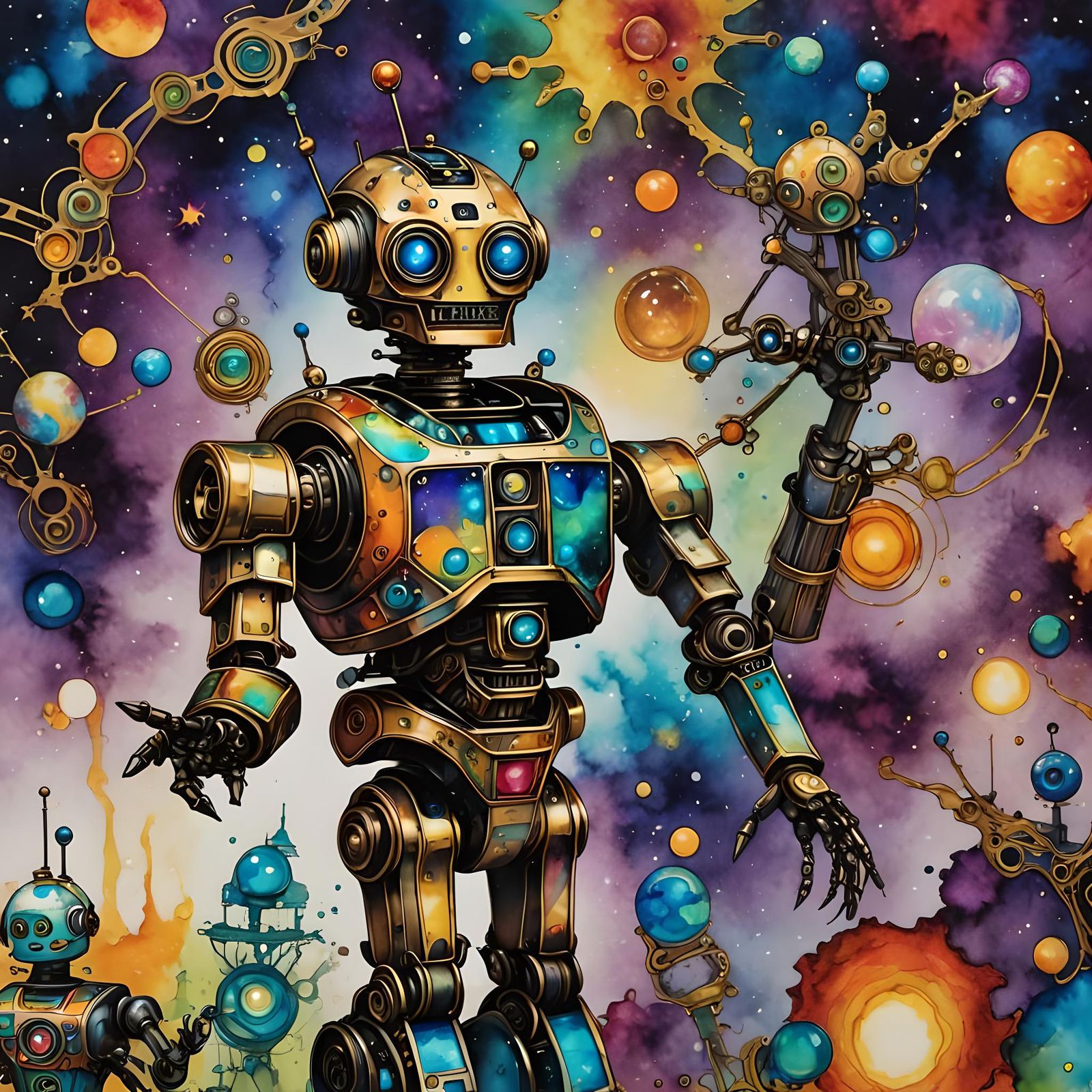 Cosmic Robot Serenade in Vibrant Cosmic Colors