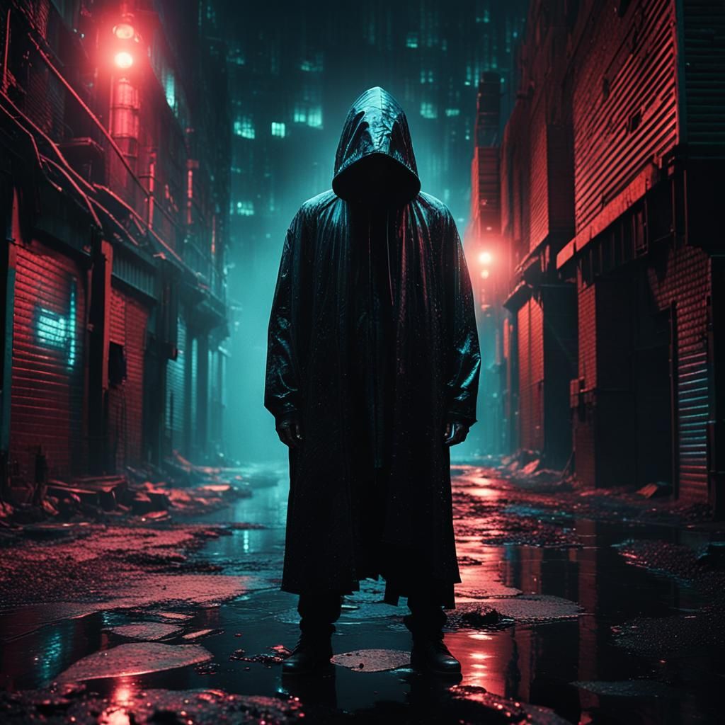 Spectral Figure Emerges from Futuristic City Shadows