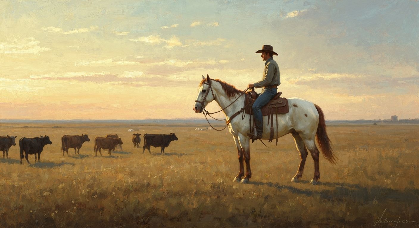 Cowboy on Appaloosa Over Nebraska Prairie