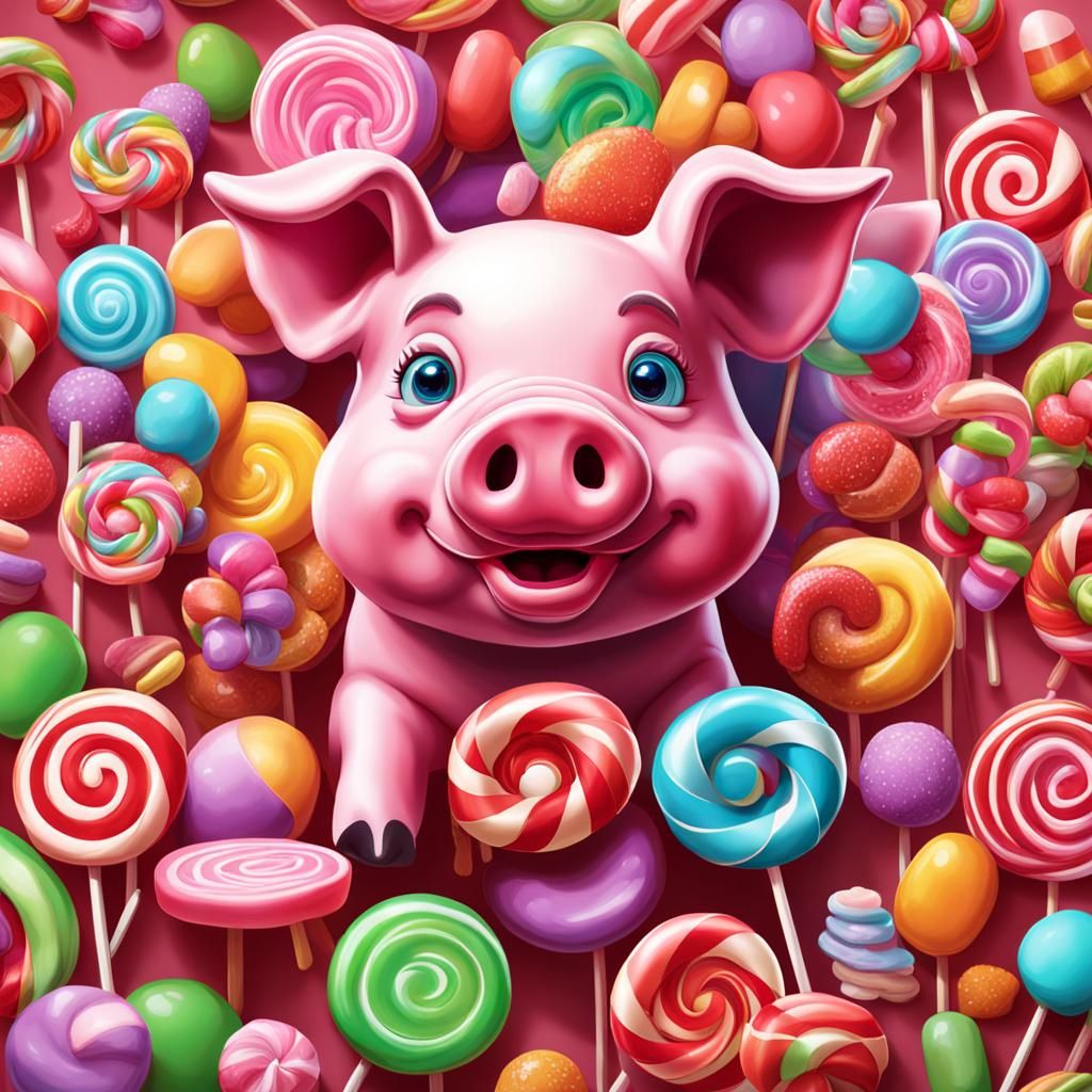 Whimsical Candy Pig Art in Hyperrealistic Digital Style