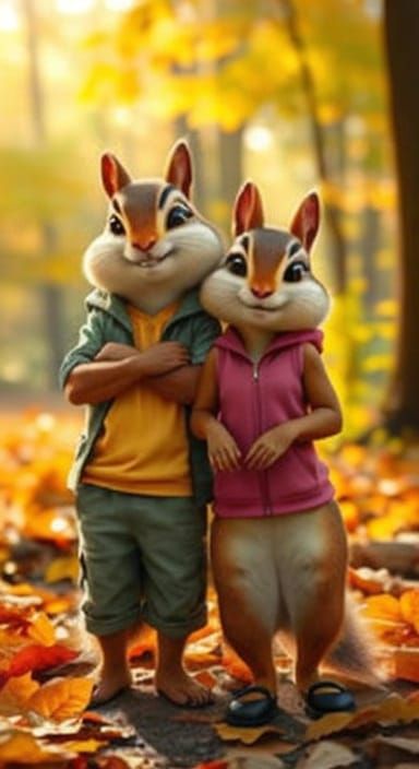 Chip and Dale in Forest Clearing: Watercolor Style