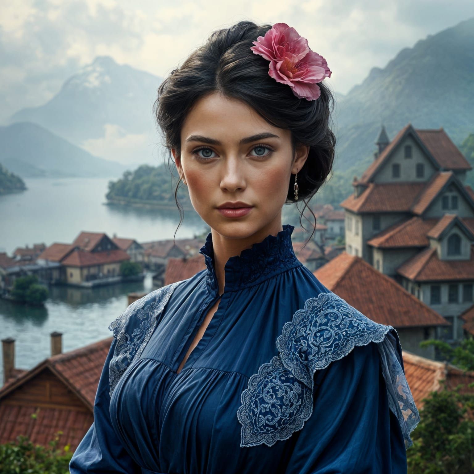 Classical Goddess in Indigo Blue, Against Serene Ancient Lan...