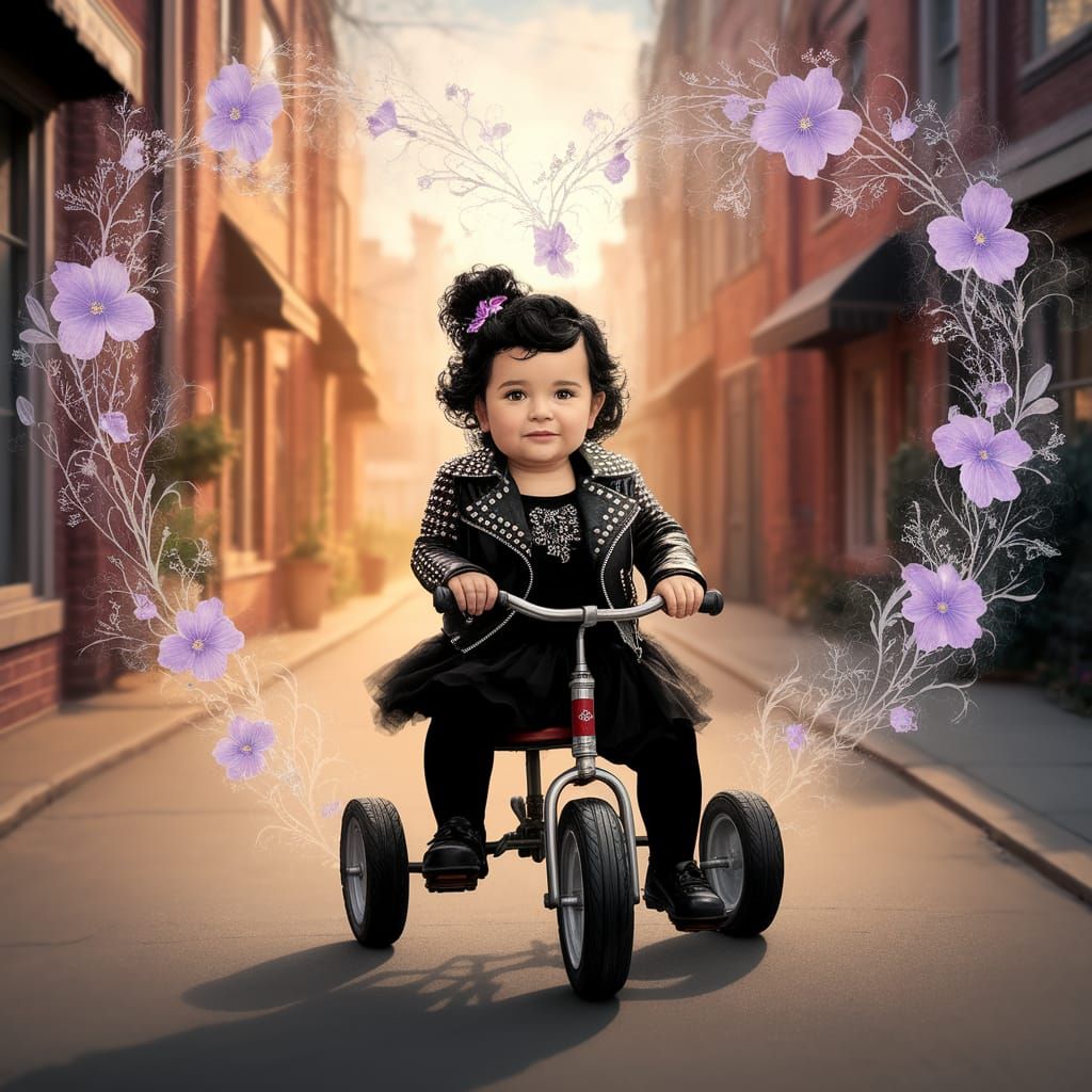 Whimsical Digital Illustration of a Girl on a Tricycle with ...