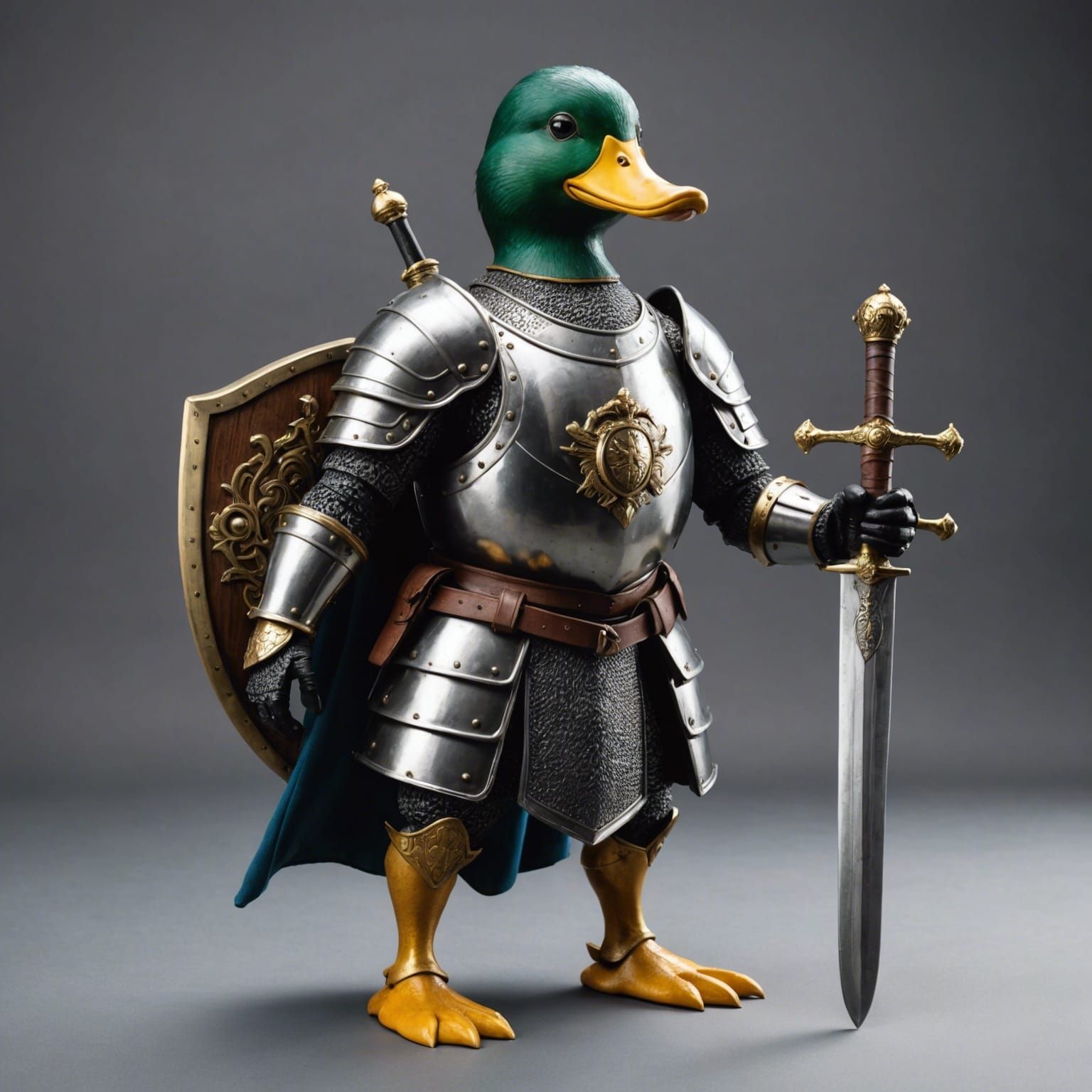 Andromorphic duck carrying a sword and shield, dressed in armour body only.