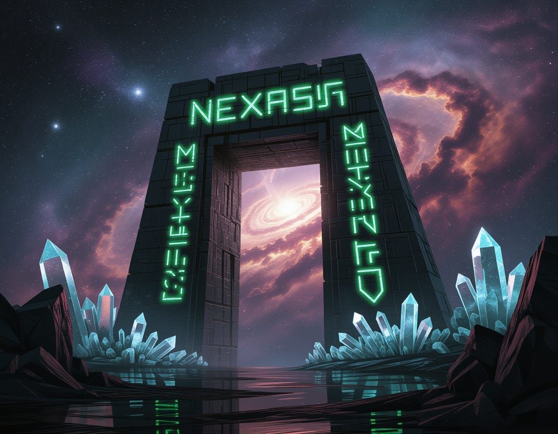 Ancient Obsidian Gateway in Cosmic Nebula