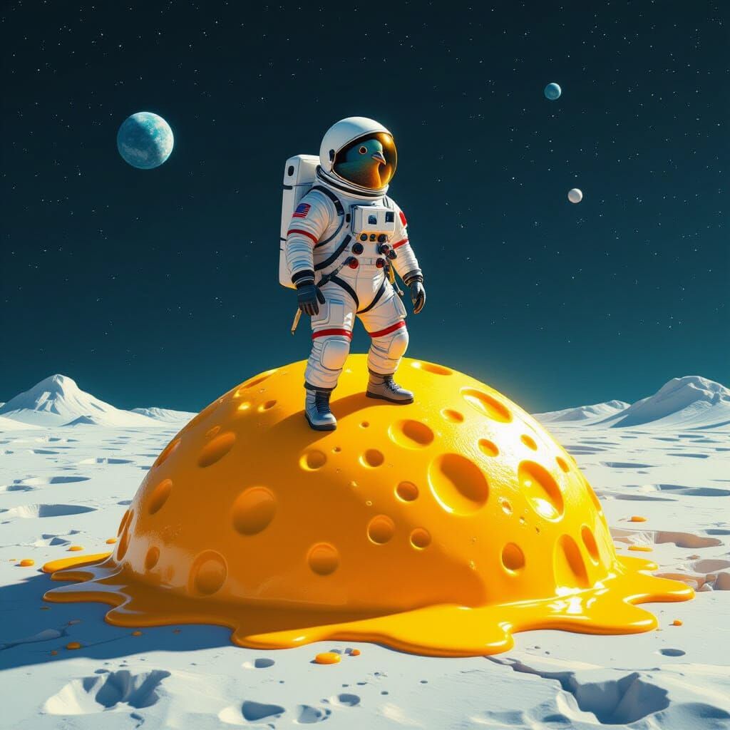 Pigeon Astronaut on Cheese Moon in Sci-Fi Style
