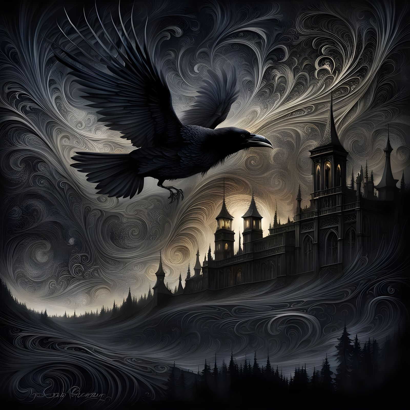Gothic Raven in Dark, Moody Light