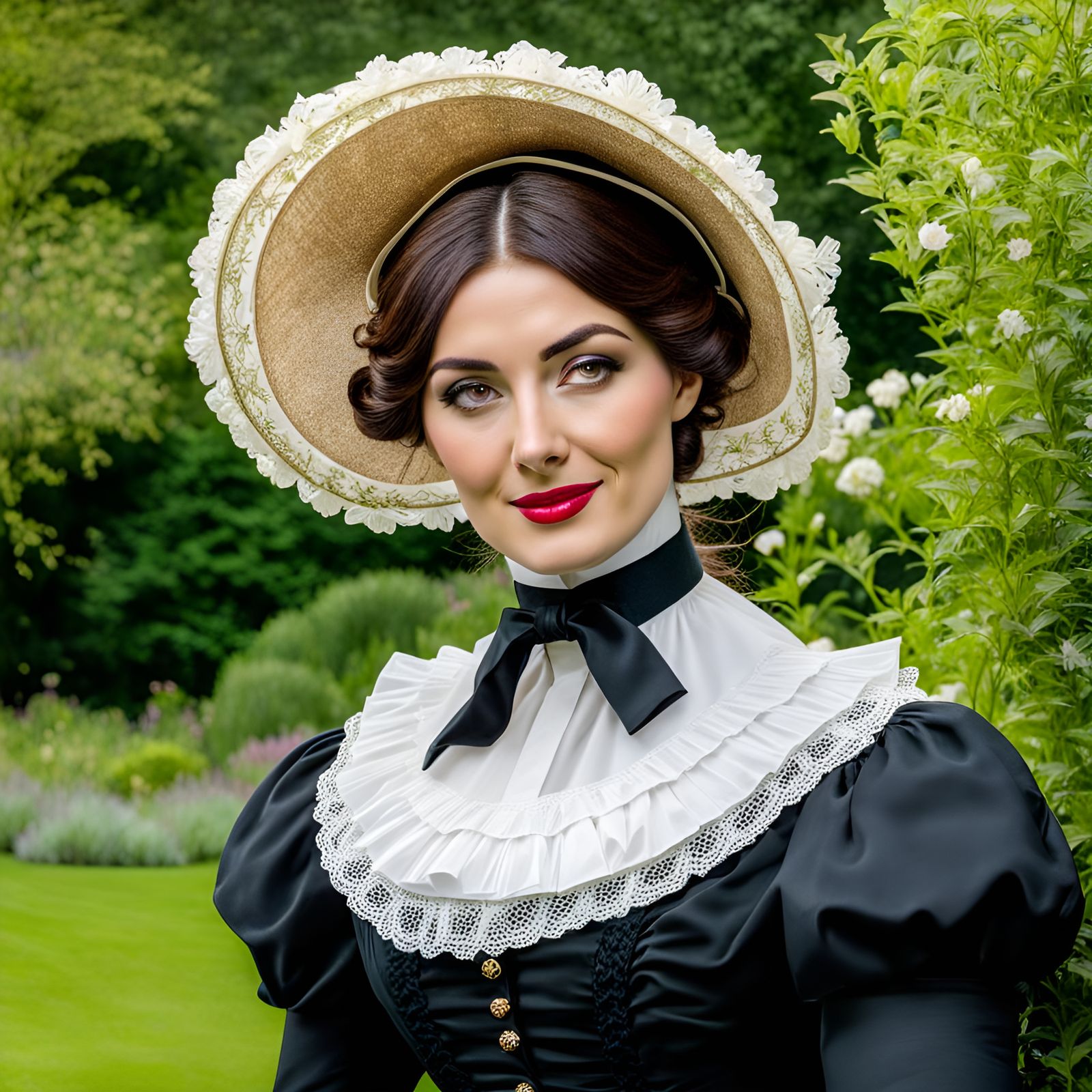 Victorian Woman in Garden with Bonnet