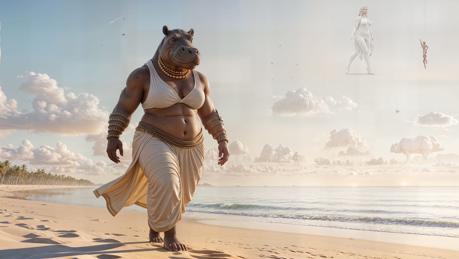 Hippo Anthro Woman on Beach in 3D Cinematic Style