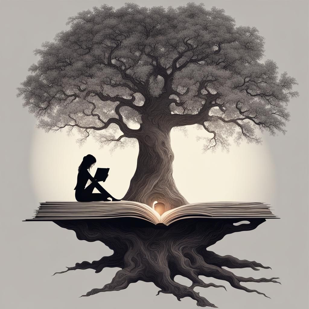 Girl Reading Under Tree at Night in Animated Shadows