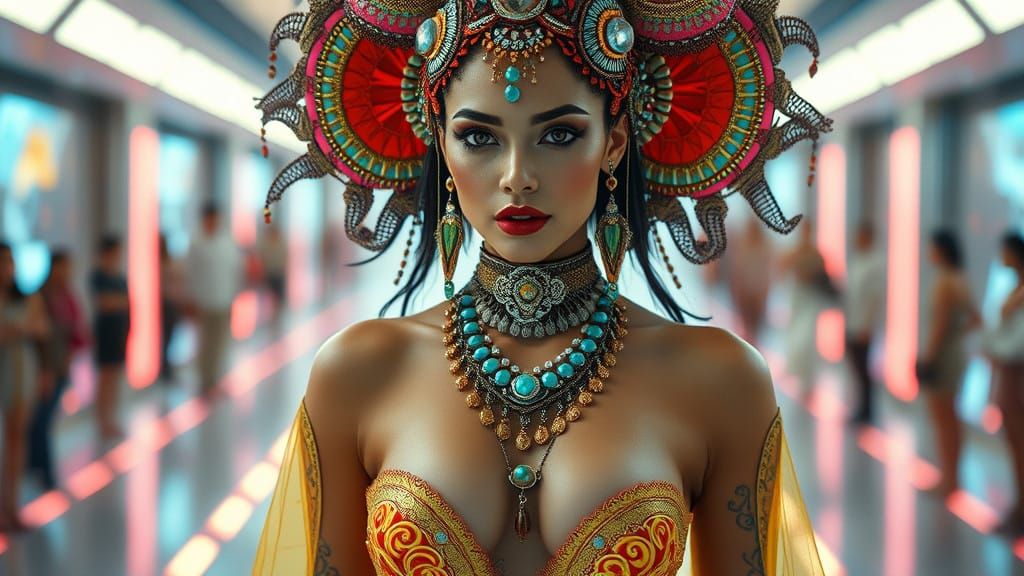 Elegant Woman Struts Down a Bright Catwalk in Hyperrealistic...