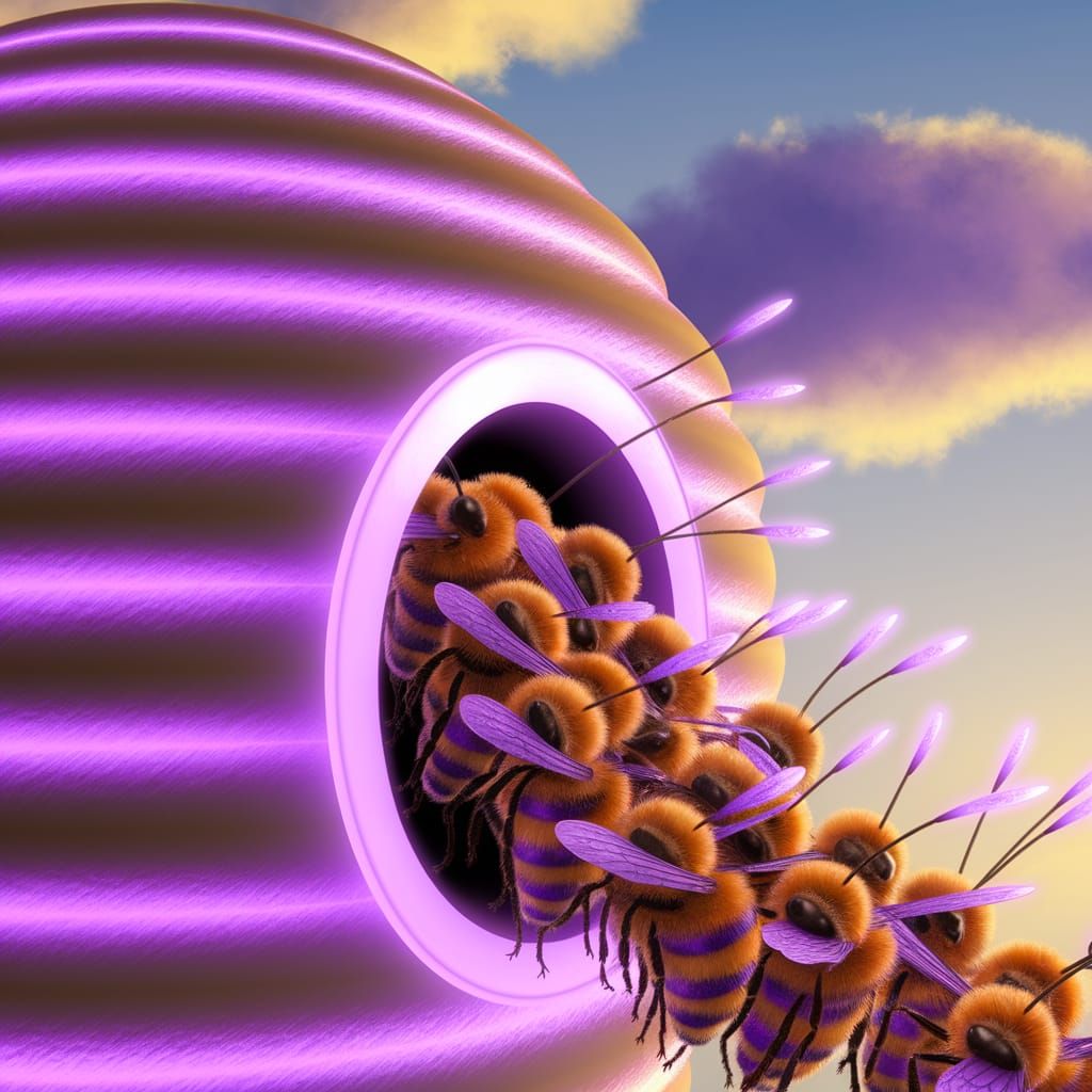 Surreal Hive of Glowing Bees in Vibrant Purple