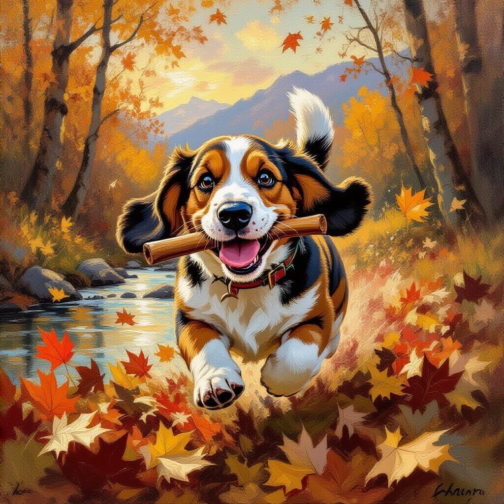 Fluffy Basset Hound Runs Through Autumn Leaves
