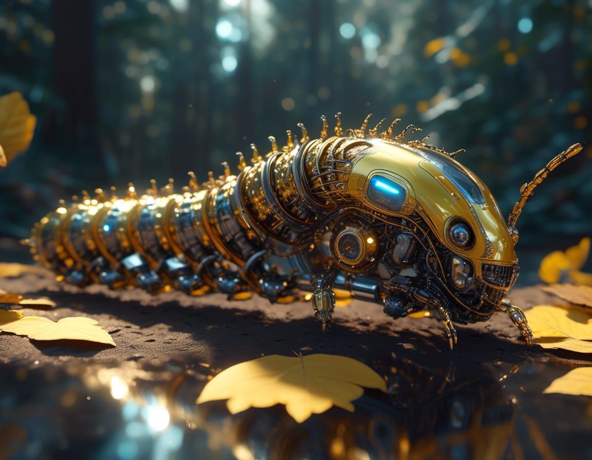 Cybernetic Space Caterpillar Devours Golden Leaf in Stunning...