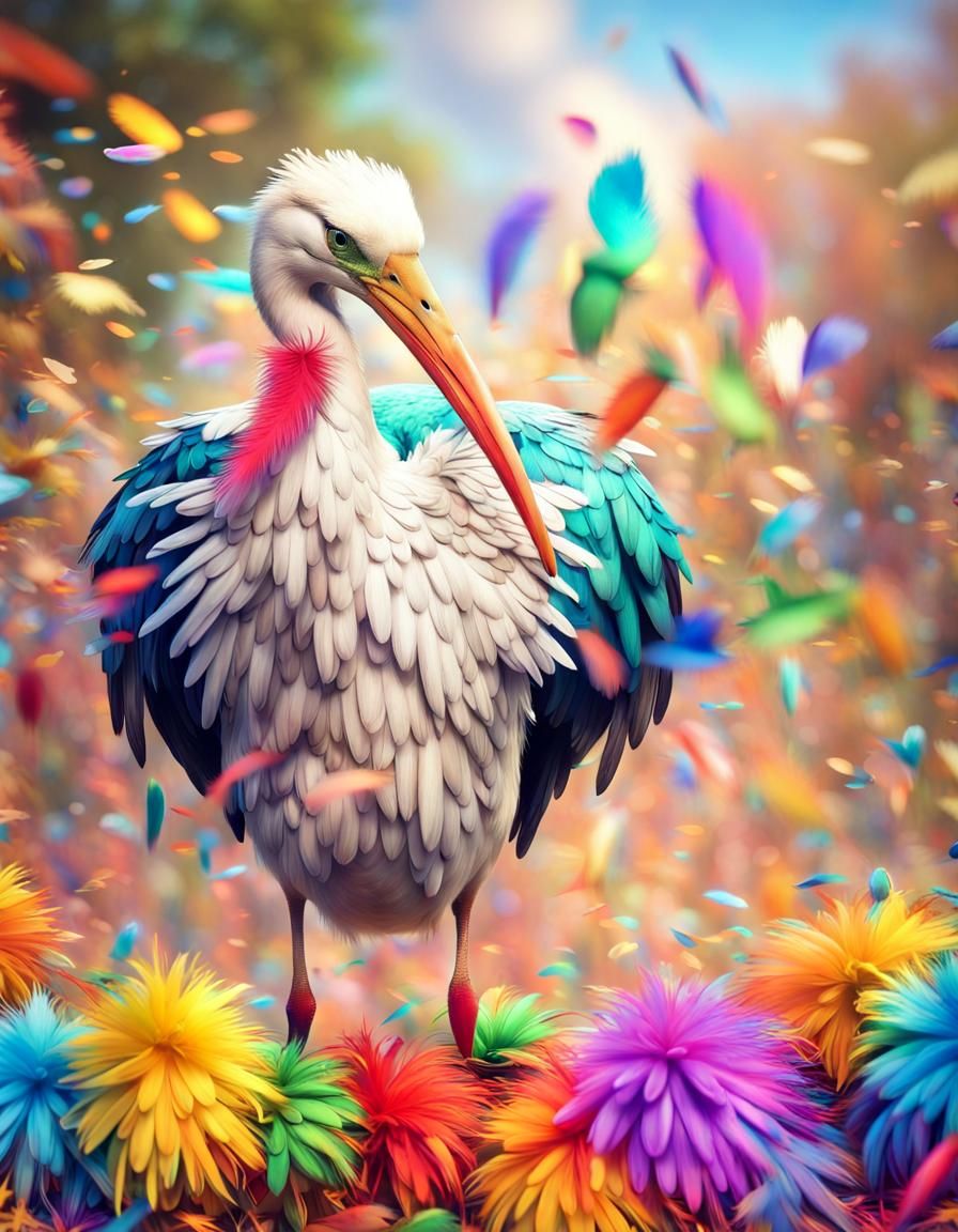 Vibrant Stork in a Rainbow Paradise