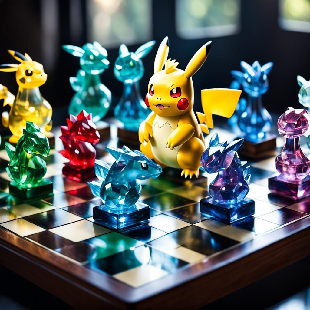 Crystalline Pixel Art Chess Set with Pokémon Figures