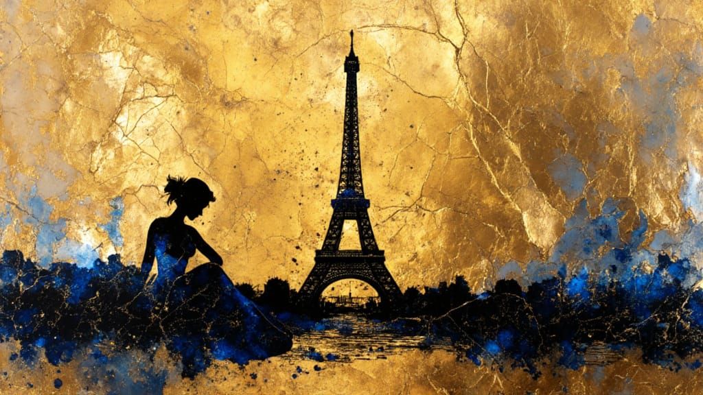 Eiffel Tower Silhouette on Gold Leaf with Silver-Blue Highli...