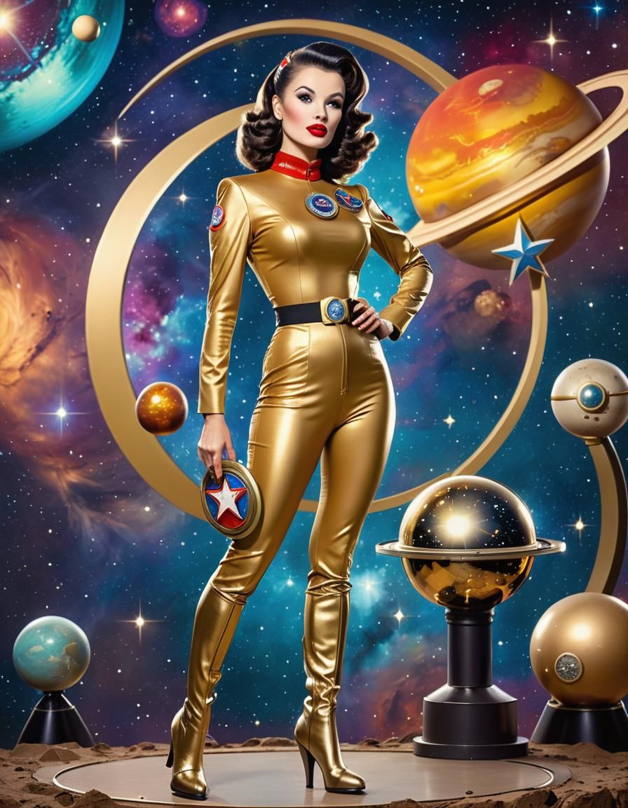Retro Sci-Fi Pinup Girl in Gold Space Uniform