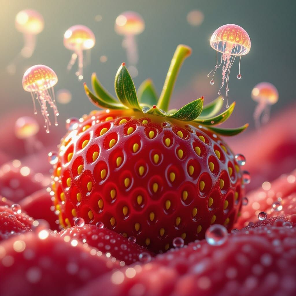 Surreal Macro Strawberry: Alien Pods and Dew Reflections