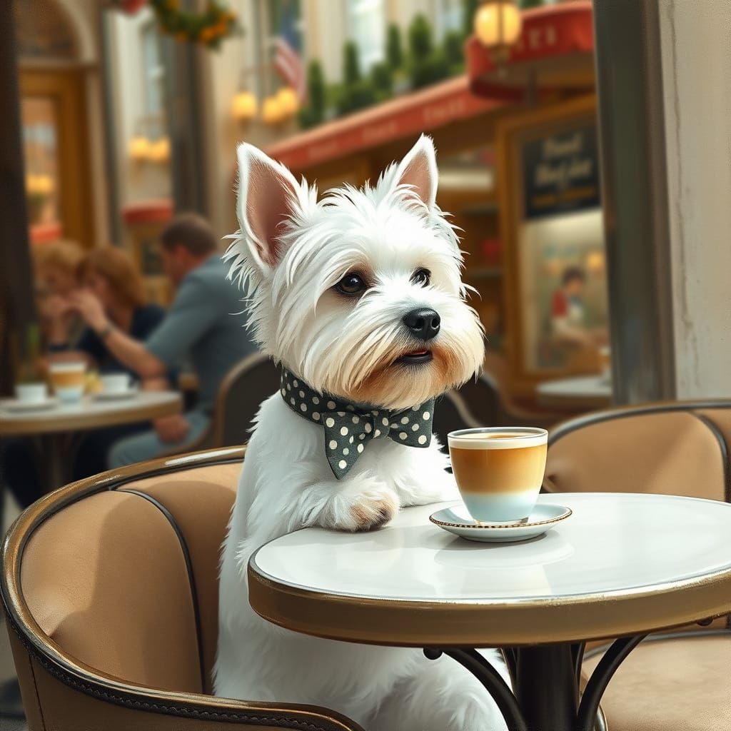 Dog Sips Cappuccino in Painterly Pastel Style