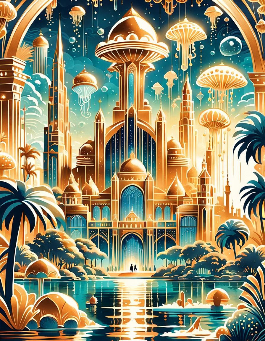 Surreal Art Deco Cityscape of Atlantis in Retro-Futuristic S...