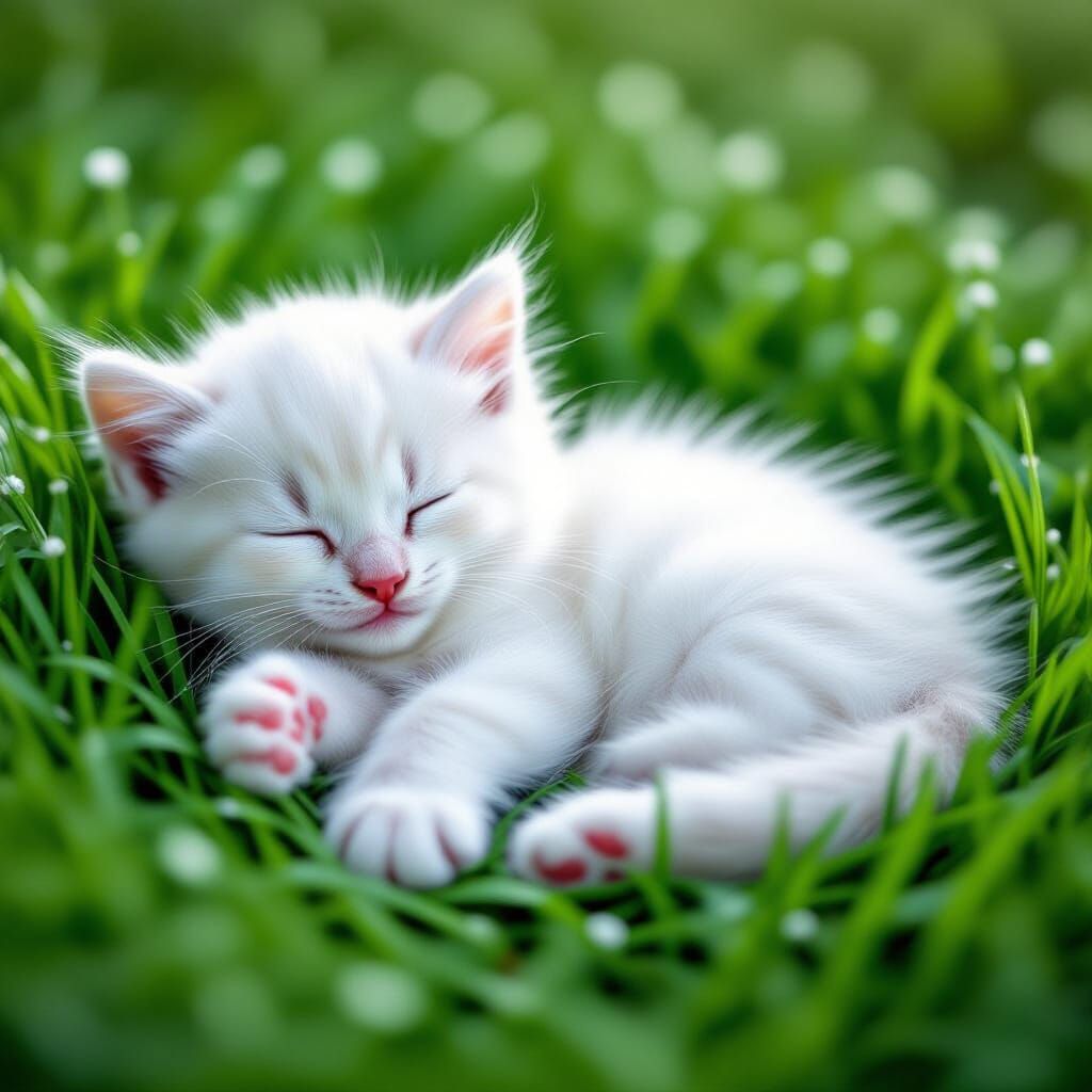 Adorable Tiny White Kitten Sleeping in Lush Green Grass