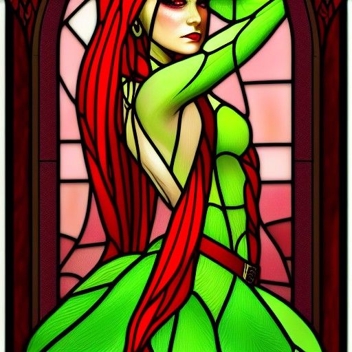 Elegant Poison Ivy Queen in Stained Glass Window