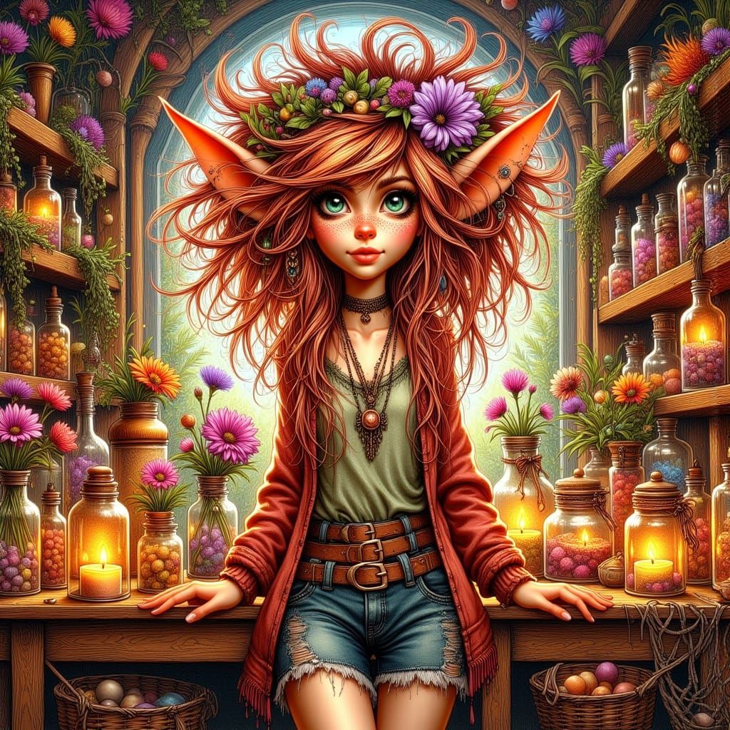 Mystical Punk Fairy Alchemist in Vibrant Botanical Paradise