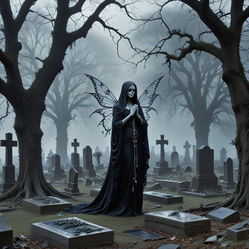 Undead Fairy Conducting Ritual in Moonlit Gothic Cemetery