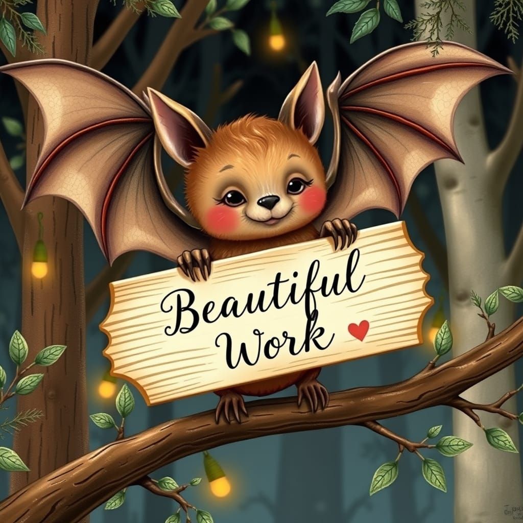 Majestic Brown Bat Holds Delicate Sign in Whimsical Forest