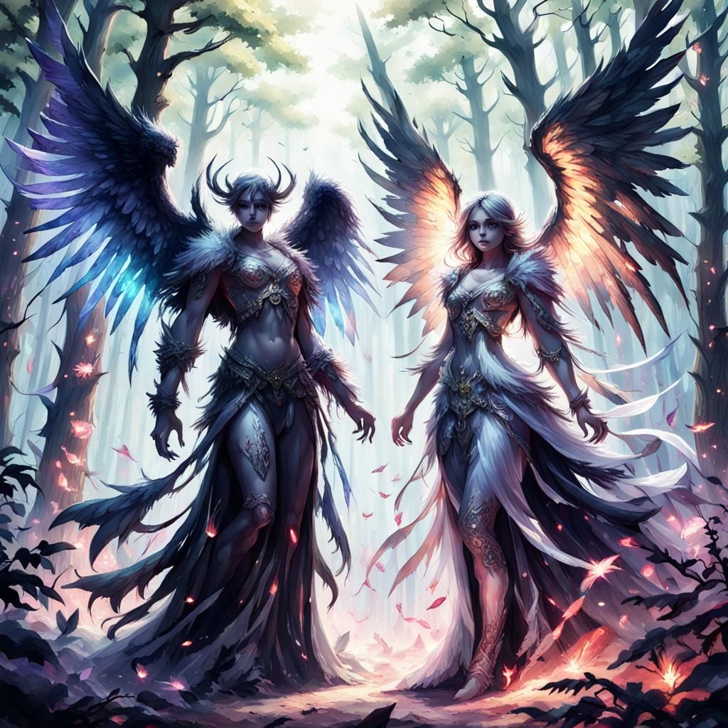 Angel and Demon Clash in a Crystal Forest Scene