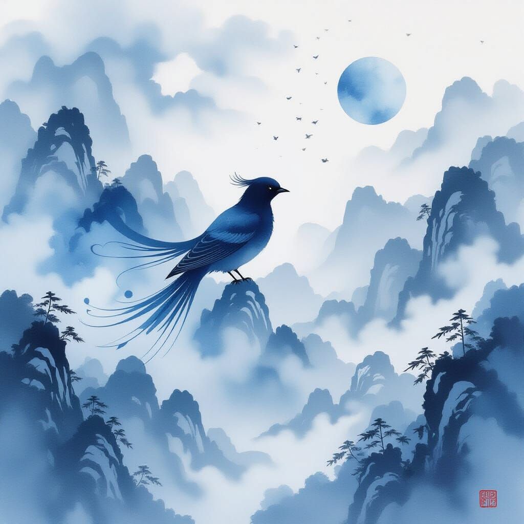 Celestial Ink Bird Dissolving into Nebula Art