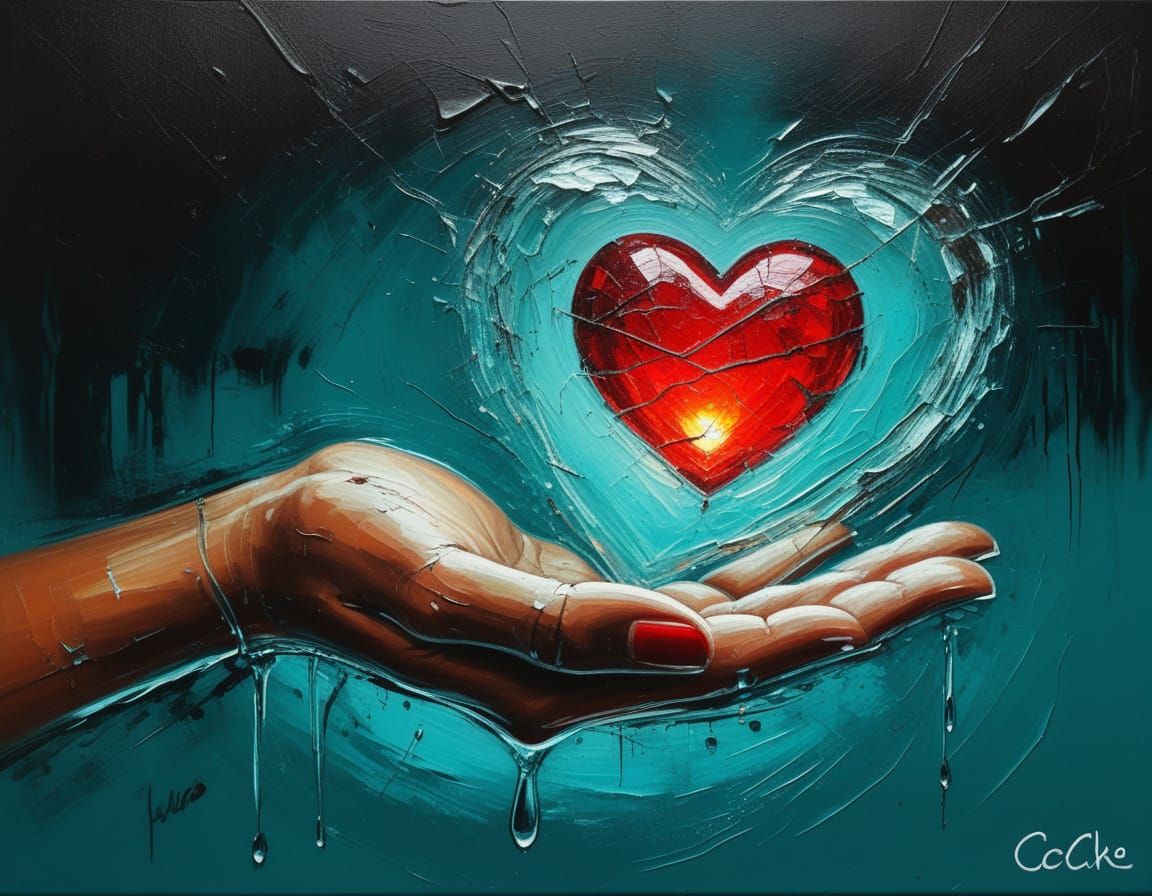 Glowing Glass Heart Painting Between Hands