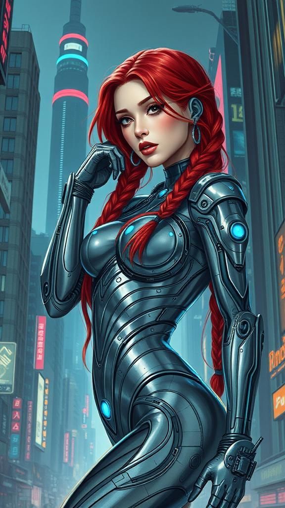 Cyberpunk Goddess in Metallic Bodysuit, Retro-Futuristic Cit...