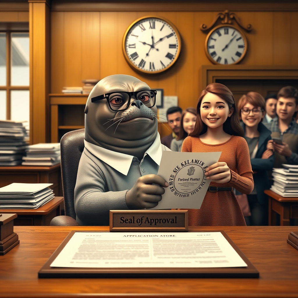 Warmly Lit Office Scene with Grumpy-Seated Seal of Approval