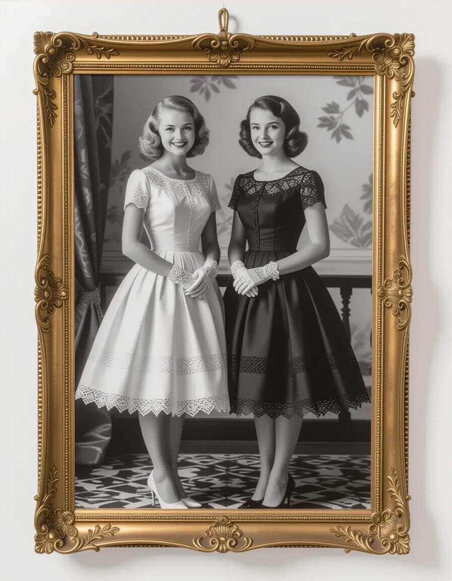 1950s Double Exposure Sisters Portrait in Vintage Frame